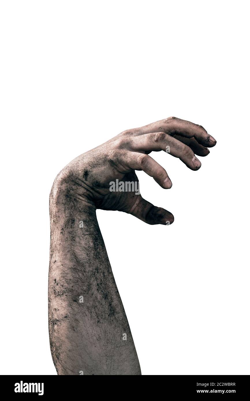 Zombie Hand schmutzig mit Boden isoliert auf weißem Hintergrund Stockfoto