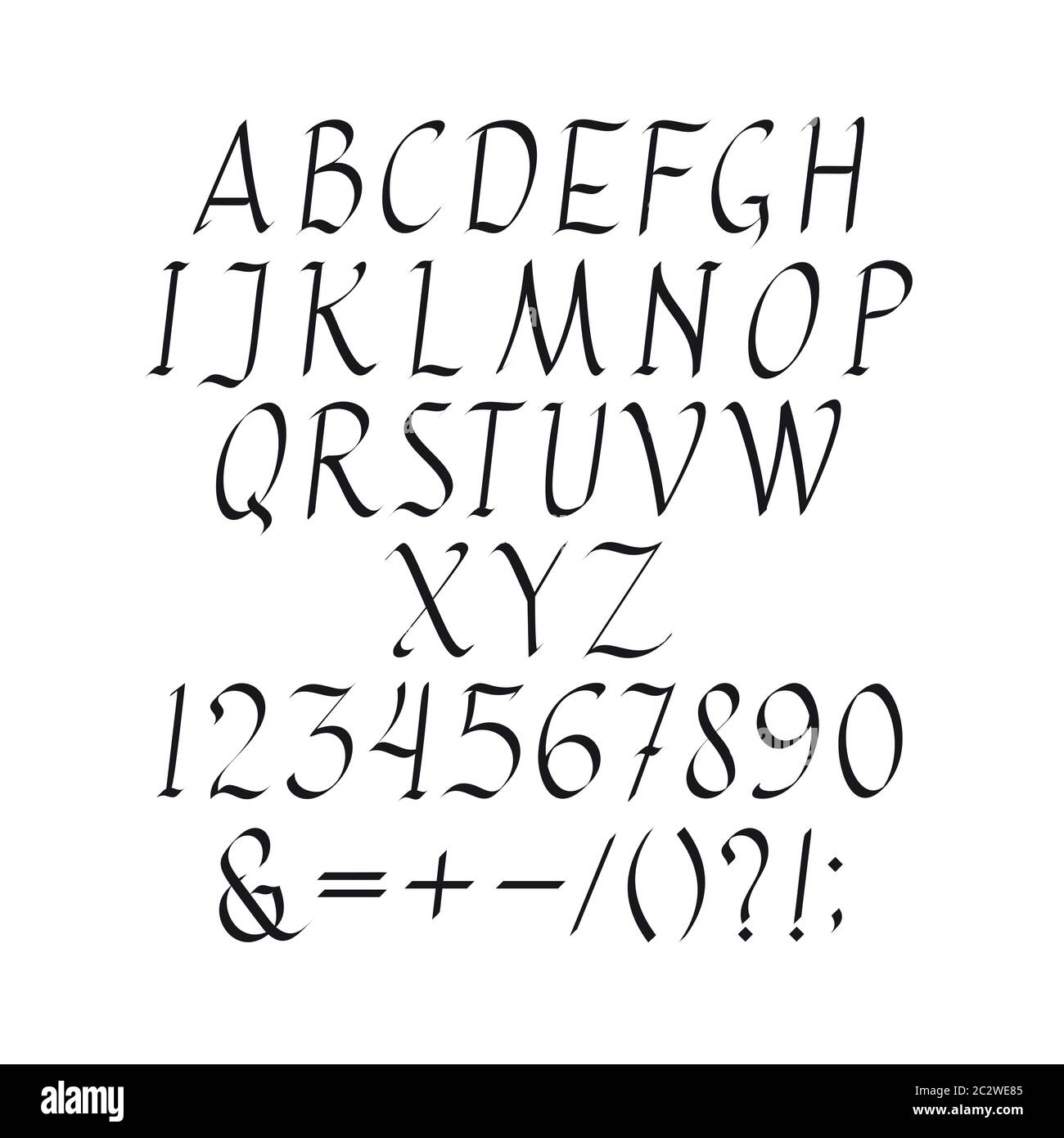 Elegante Kursive Schrift Vektorgrafik Set Von Einzigartigen Dekorativen Schwarzen Grossbuchstaben Buchstaben Zahlen Symbole Und Zeichen Auf Weissem Hintergrund La Stock Vektorgrafik Alamy