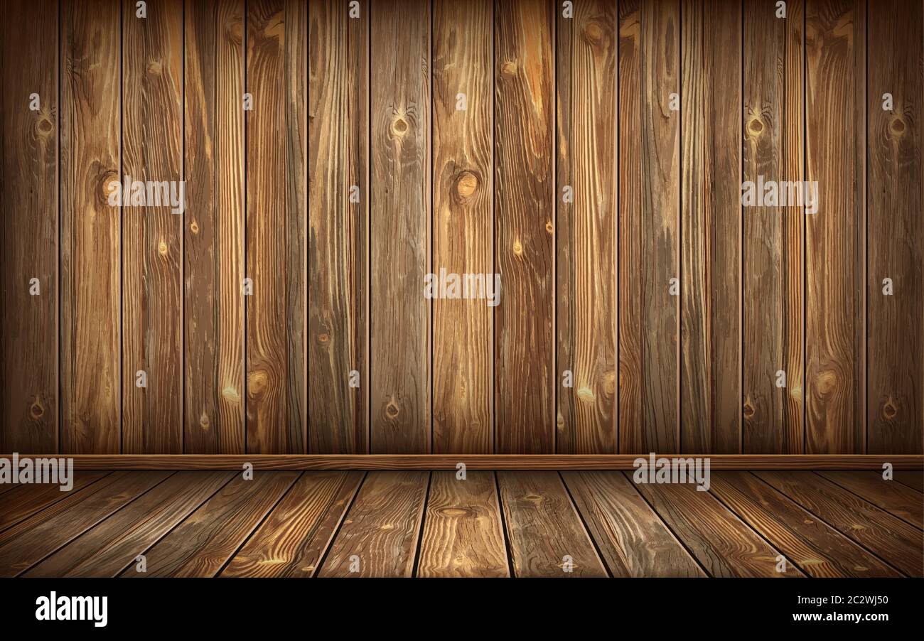 Holzwand und -Boden mit veralterter Oberfläche, realistische  Vektordarstellung. Vintage Wand und Boden aus verdunkelten Holz,  realistische Dielen Textur. Leere r Stock-Vektorgrafik - Alamy