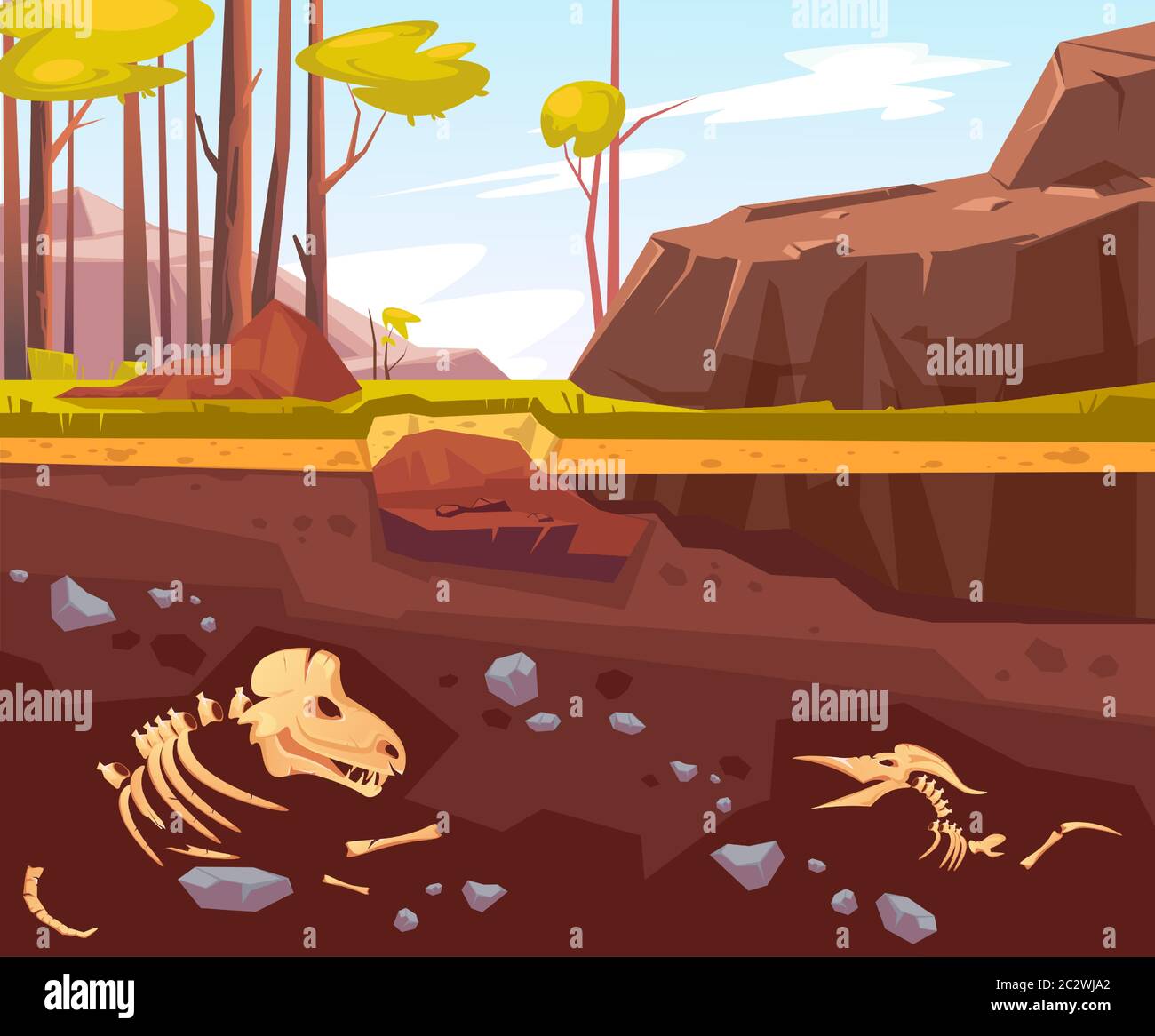 Archäologische Ausgrabungen, Cartoon-Vektor-Illustration. Naturlandschaft mit Bäumen, Bergen, grünem Gras und Grube. Unterirdischer Boden mit fossi Stock Vektor