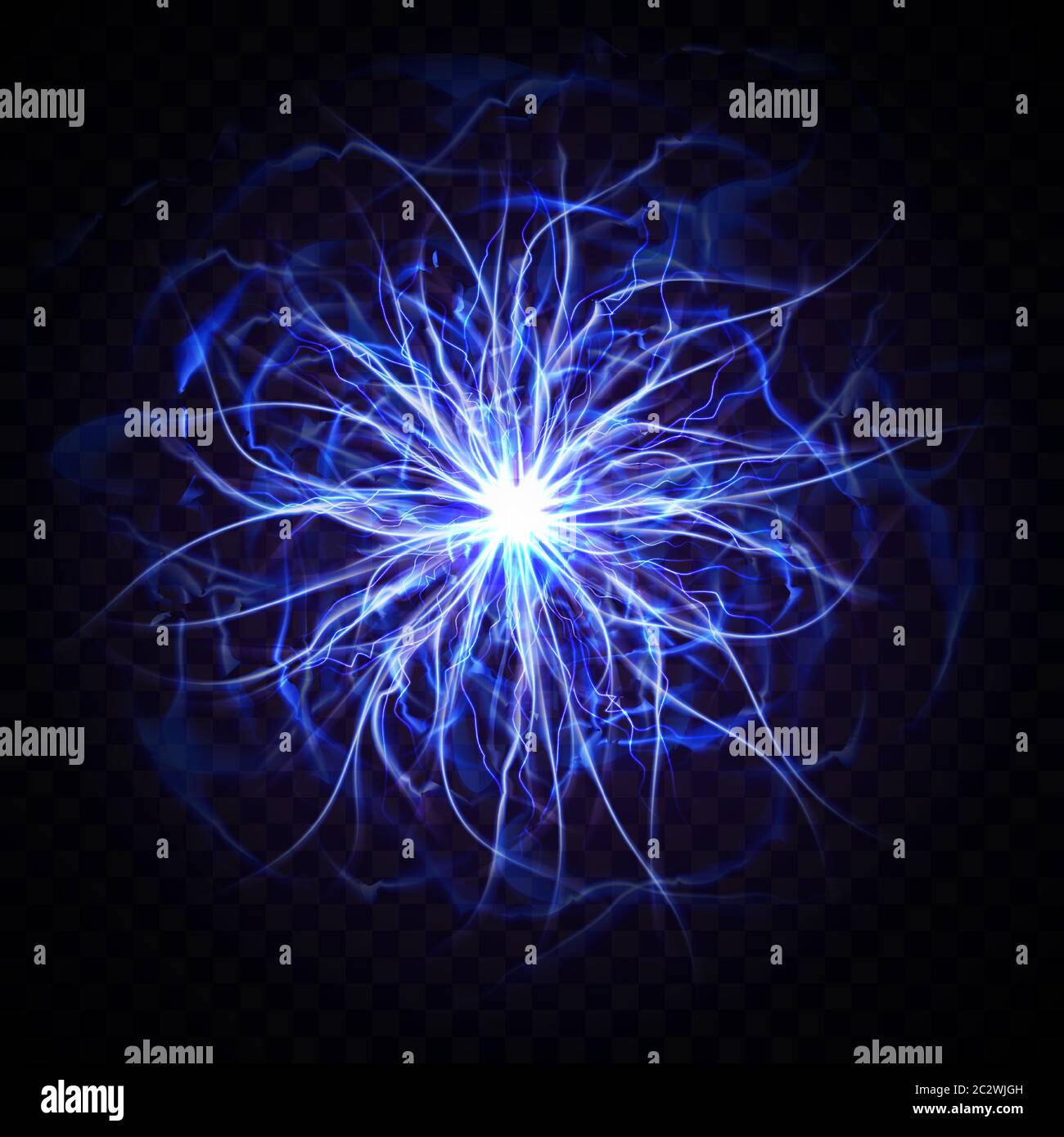 Elektrische Kugel oder Plasmakugel, realistische Vektordarstellung. Abstract Kugelblitz mit brennenden Strahlen oder leistungsstarke elektrische Entladungen isoliert auf Stock Vektor
