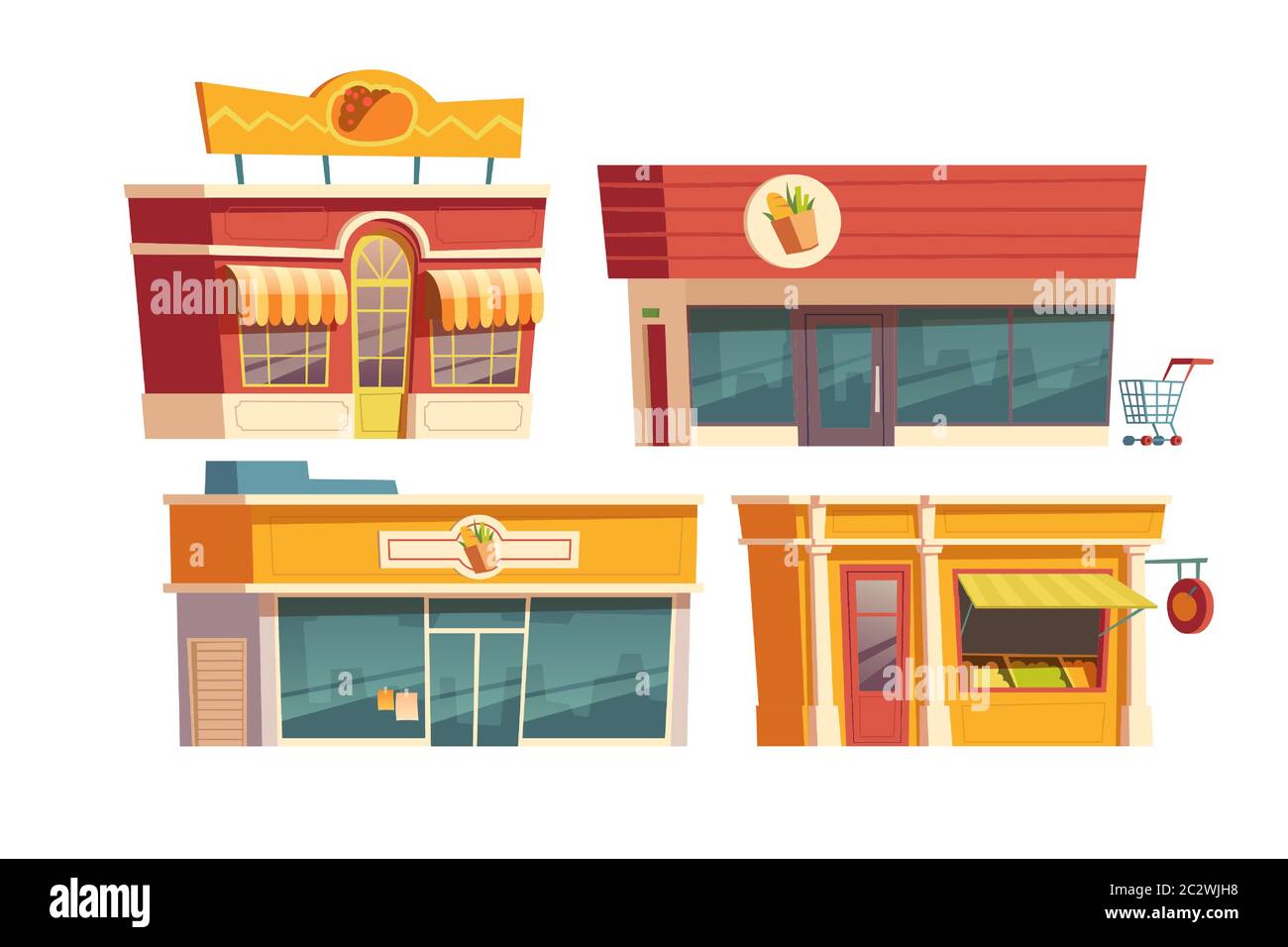 Fast-Food-Restaurant und Geschäfte Gebäude Cartoon Vektor Illustration. Fassaden von Lebensmittelmärkten und Cafés oder Bistros mit Schildern. Kleinunternehmen in der Stadt Stock Vektor