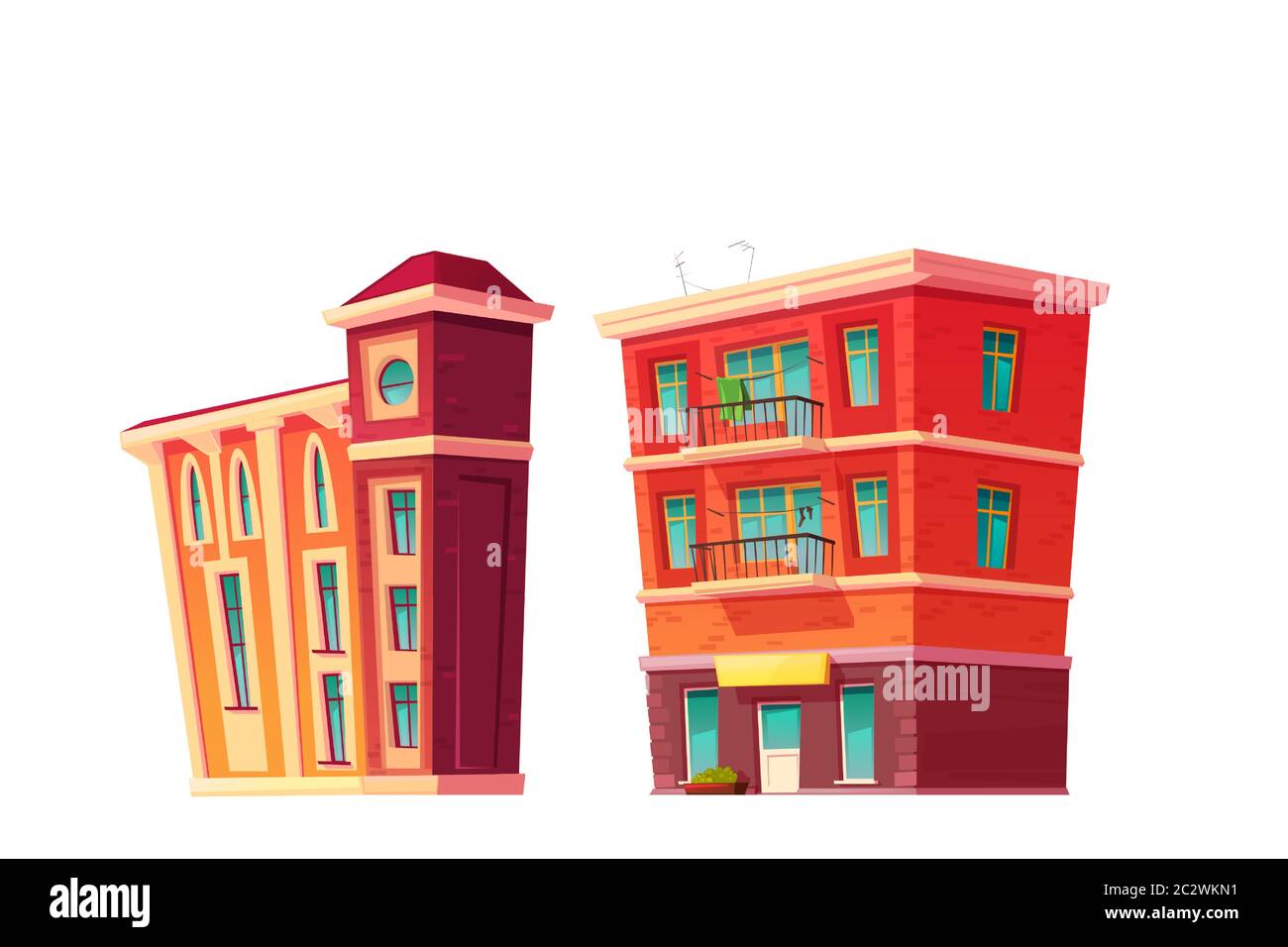 Urban Retro Gebäude Cartoon Vektor-Set Illustration. Alte Wohn- und Regierungsgebäude mit Shop oder Cafe im unteren Stock, isoliert auf weißem Bac Stock Vektor