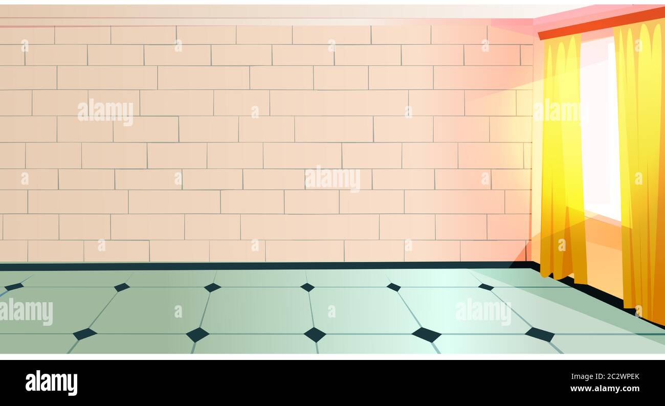 Leeres Zimmer mit gefliestem Boden und Fenster. Unmöbliertes Küchenzimmer, Cartoon-Vektor-Illustration. Wand, Boden und Fenster mit gelben Vorhängen und Sonnenschutz Stock Vektor