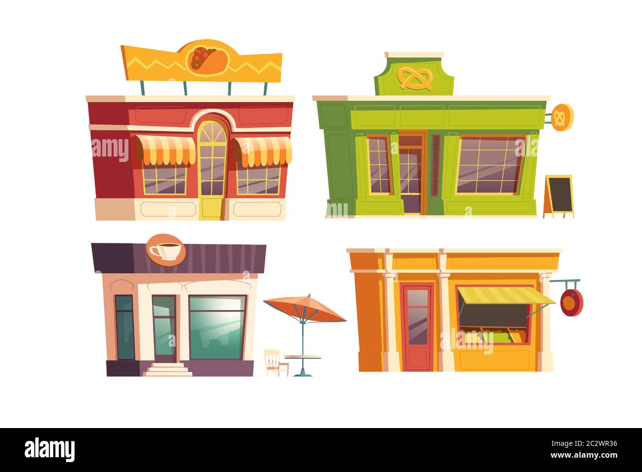 Fast Food Restaurant Gebäude Cartoon Vektor Illustration. Fassaden von Lebensmittelgeschäften und Cafés oder Bistros mit Schildern von Kaffee, Brezel, Tacos. Stadt Stock Vektor