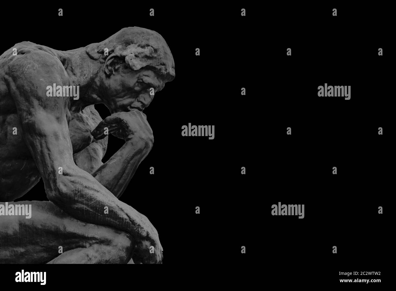 Denker Skulptur Schwarz Hintergrund Vorlage Stockfoto