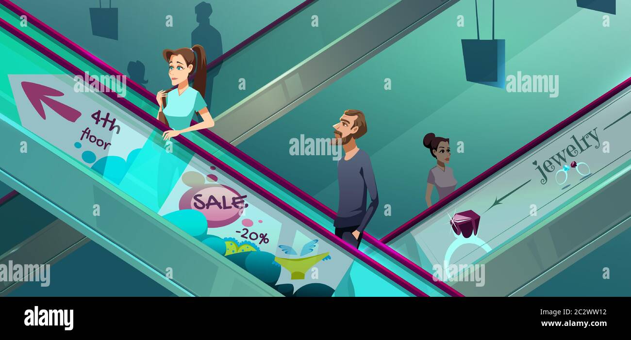 Leute auf Rolltreppen in Mall. Bewegliche Treppe, automatische Leiter, die Mann und Frau auf und ab trägt. Vektor-Cartoon-Illustration von Aufzug Treppen in Stock Vektor