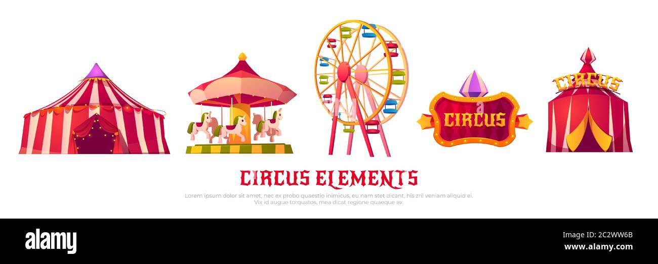 Zirkuselemente mit Karussell, Riesenrad und Zelt. Vektor Cartoon-Ikonen des Karnevals Kirmes, Attraktionen und Vergnügungspark Ausrüstung isoliert auf w Stock Vektor