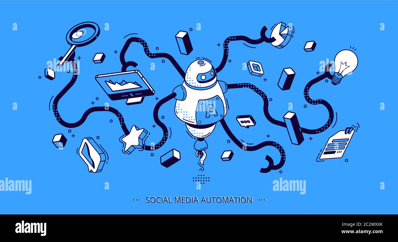 Isometrisches Banner für Social Media Automation. Internet-Technologie-Tools für SEO, digitale Inhalte. Octopus Roboter mit vielen Händen halten Business Attribut Stock Vektor