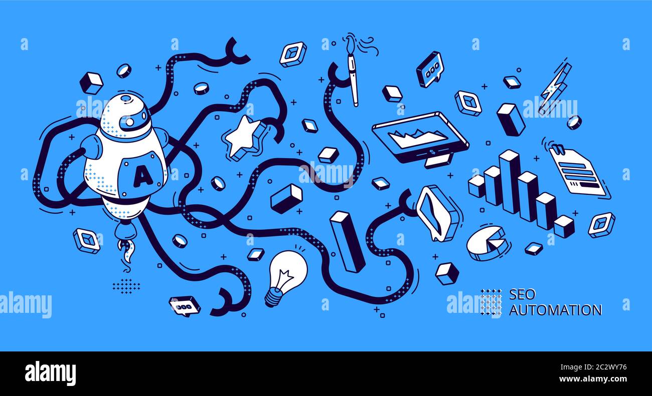 SEO Automation isometrisches Banner. Technologie für Internet-Marketing und digitale Business-Inhalte. Octopus Roboter mit vielen Händen halten Büro Attribut Stock Vektor