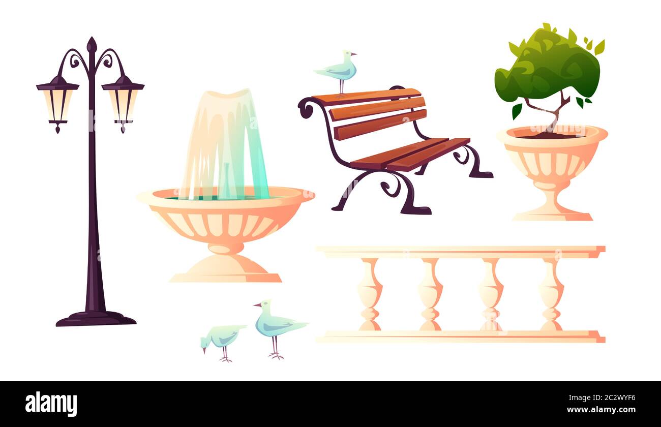 Stadtpark mit Brunnen, Bank, Straßenlaterne und Vintage Zaun. Vektor Cartoon Set von Gartenmöbeln für Garten oder Meer mit Dekoration und Möwe Stock Vektor