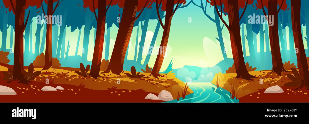 Fluss fließt durch Herbstwald. Vektor Hintergrund der Naturlandschaft mit Orangenbäumen, Blätter fallen und Wasserstrom. Cartoon-Illustration von wi Stock Vektor