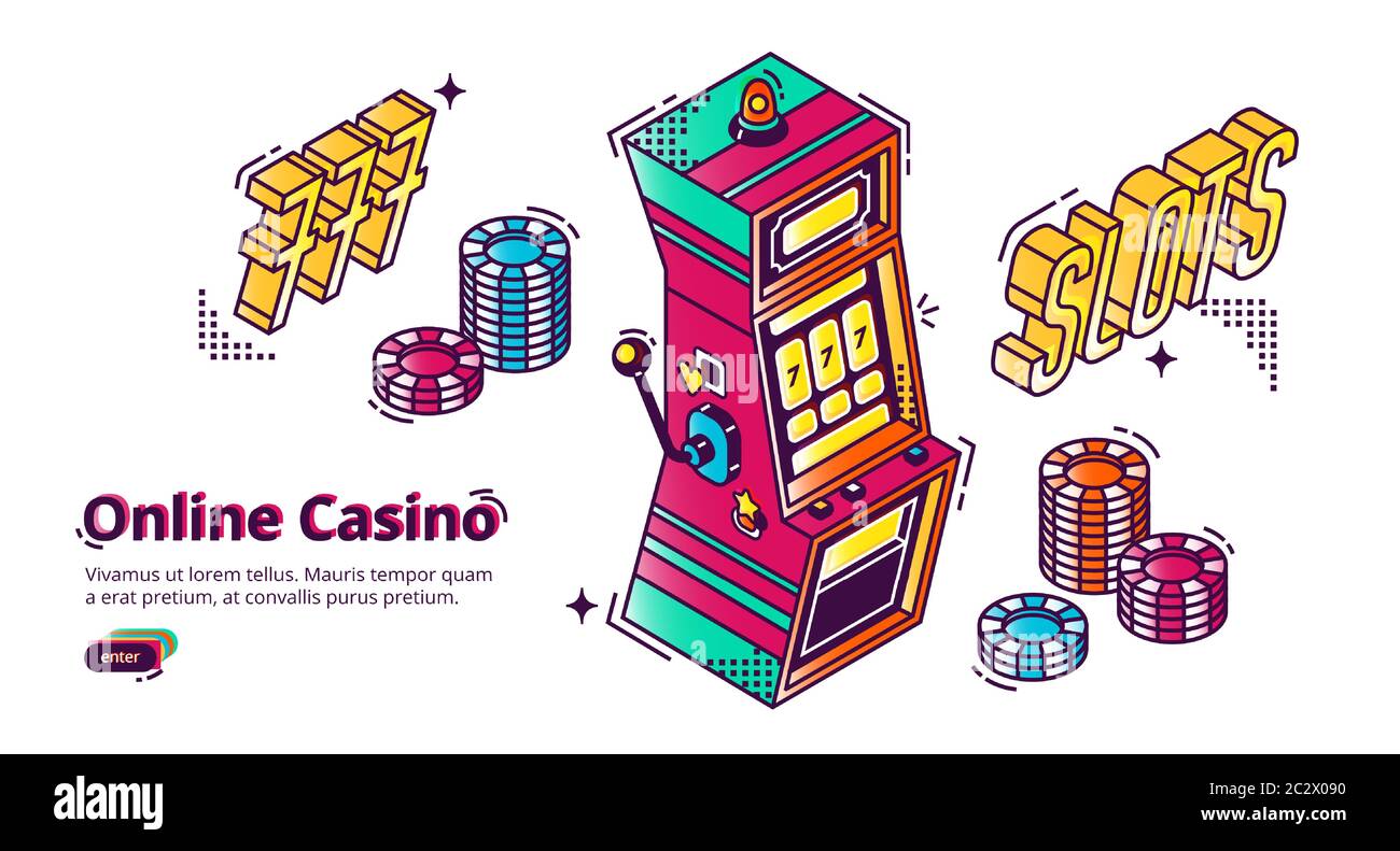 Online Casino isometrische Landing Page, Spielhaus mit Spielautomaten, 777 Nummer und Chips. Gaming-Industrie Geld-Geschäft, Spiele der Chance entertai Stock Vektor