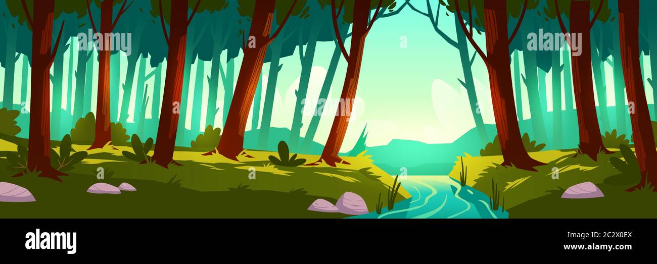 Fluss fließt durch Wald. Vektor Hintergrund der Naturlandschaft mit grünen Bäumen, Gras und Wasserbach. Cartoon Illustration von Dschungel, wild par Stock Vektor
