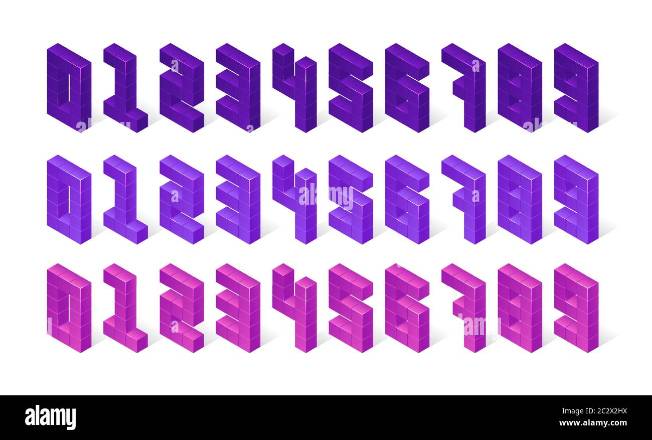 Isometrische Zahlen aus 3d-Würfeln. Violette, violette und rosa Ziffern stehen in Reihe isoliert auf weißem Hintergrund. Geometrische Schriftartenvektorelemente, Block si Stock Vektor