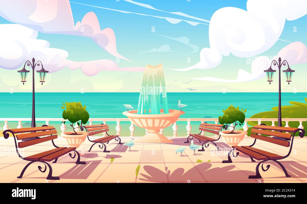 Sommer-Strandpromenade mit Brunnen, Bänken und Vintage Zaun. Vektor Cartoon Meereslandschaft mit Kai, leere Meer Promenade mit dekorativen Bäumen, Straße Stock Vektor