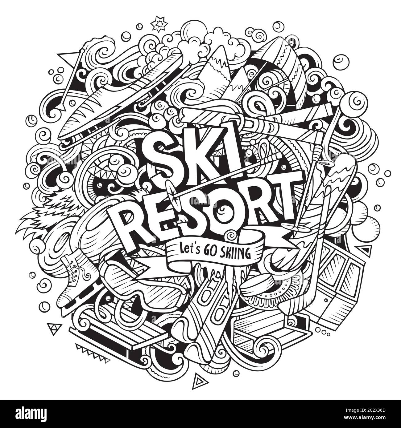 Ski Resort handgezeichnete Cartoon-Kritzeleien Illustration. Stock Vektor