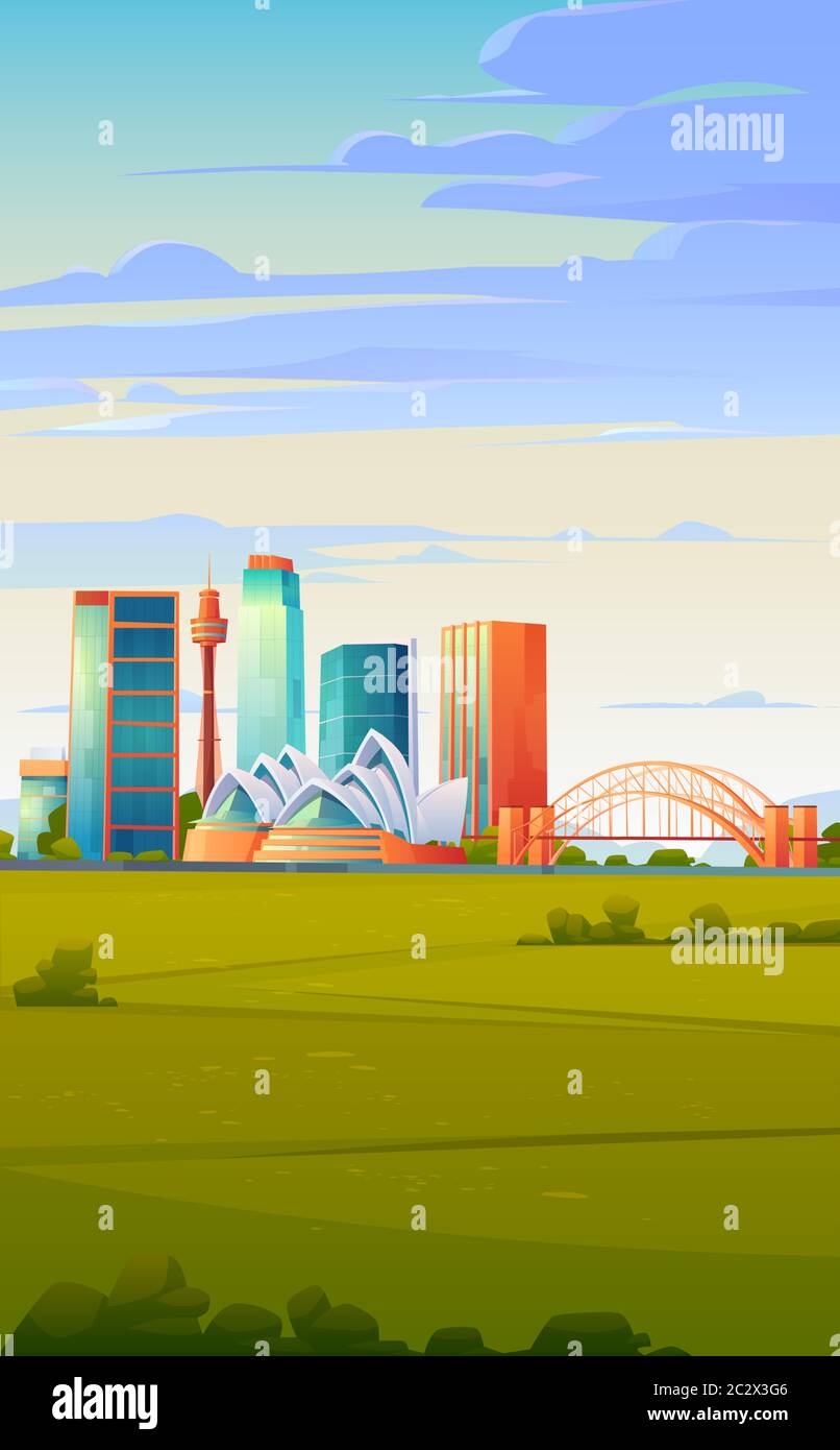 FEBRUAR 12, 2020. Vektorgrafik Cartoon-Illustration von Sydney Wahrzeichen, Skyline mit Oper, Sydney Tower Eye oder Centrepoint Tower, Harbour Brid Stock Vektor