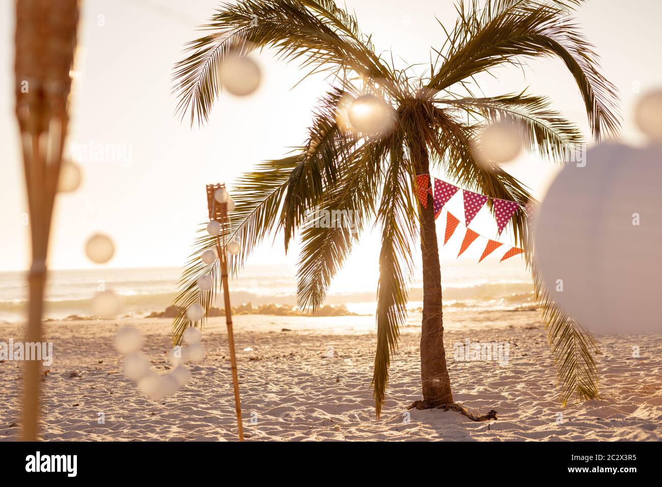 Japan Girlanden und eine Palme am Strand Stockfoto