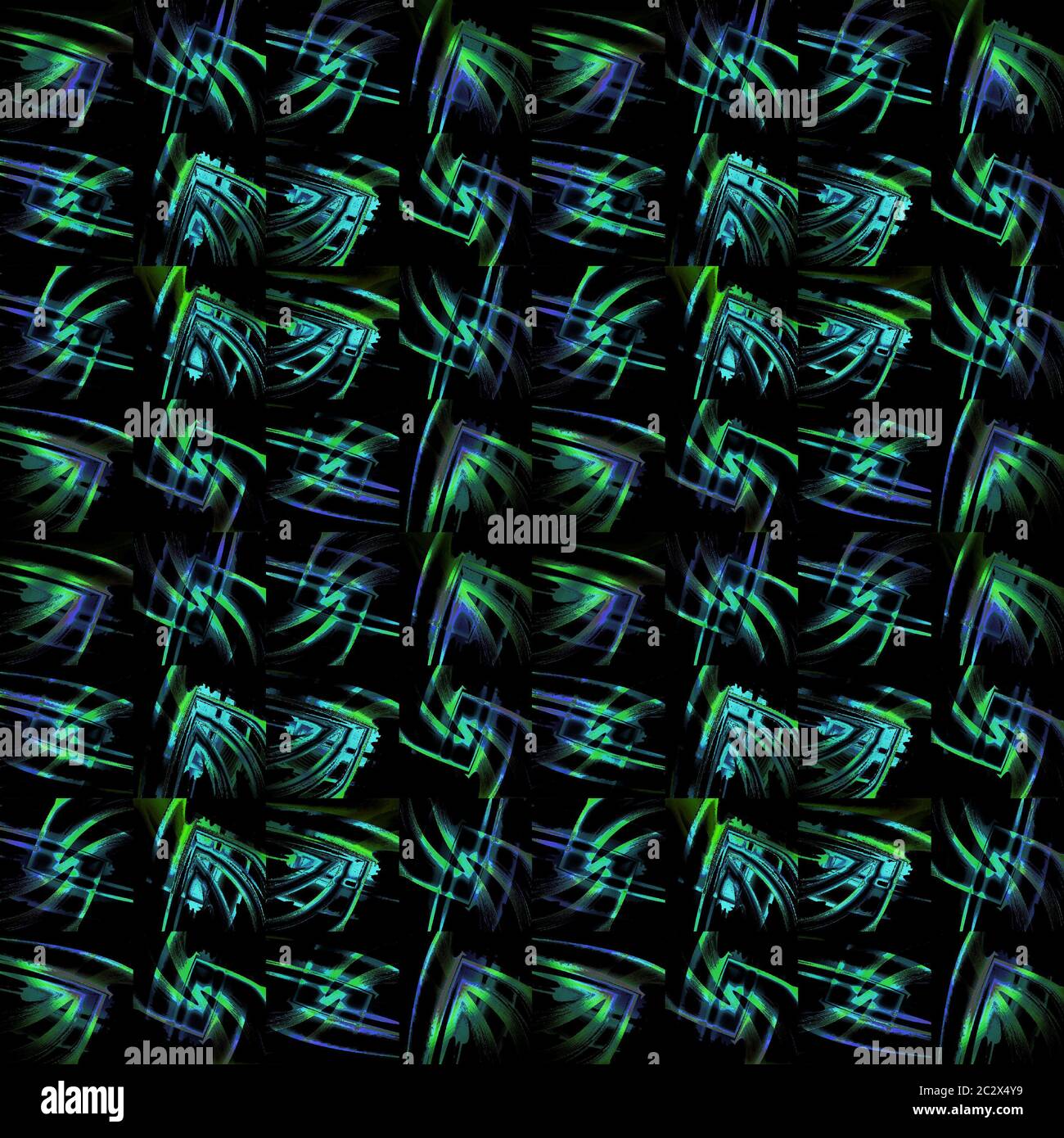 Regelmäßiges Muster grün türkis violett in Quadraten verschoben auf schwarz Stockfoto