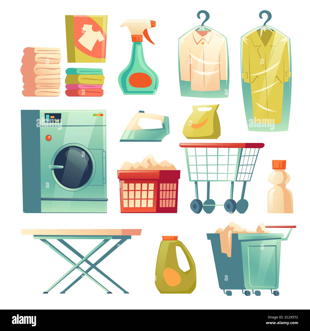 Chemische Reinigung. Wäschereieinrichtungen auf weißem Hintergrund  isoliert. Vektor Cartoon Satz von Waschmaschine, Bügeleisen und Bügelbrett,  Waschmittel, Wagen Stock-Vektorgrafik - Alamy