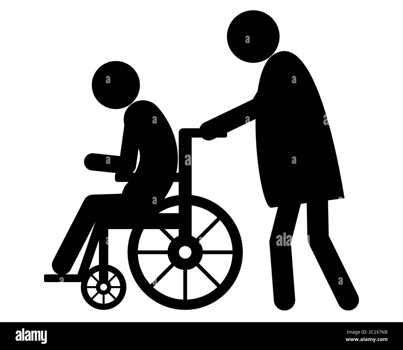 Alte Frau schiebt schiebt Rollstuhlfahrer Stockfoto