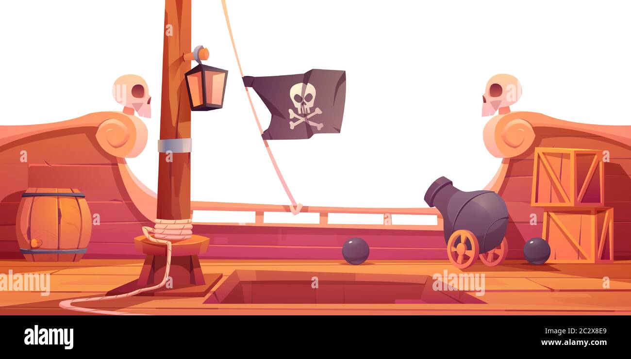 Piratenschiff Holzdeck an Bord Ansicht, Boot mit Kanone, Holzkisten und Fass, halten Eingang, Mast mit Seilen, Laterne und Schädel buccaneer Flagge Isolat Stock Vektor