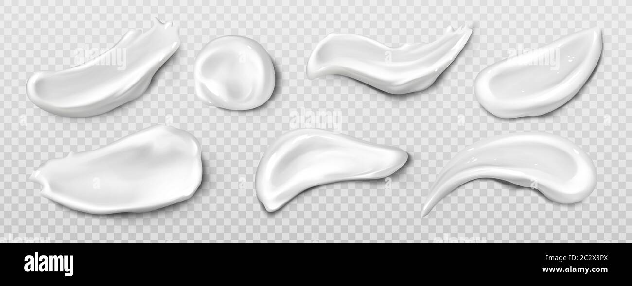 Kosmetische Creme verschmieren, Zahnpasta wisch realistische Vektor-Set Illustration. Weiße Produktprobe, Make-up Concealer oder Ton, kosmetische Gesichtsmaske oder Serum Stock Vektor