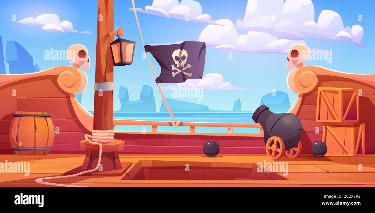 Piratenschiff Holzdeck an Bord Ansicht, Boot mit Kanone, Holzkisten und Fass, halten Eingang, Mast mit Seilen, Laterne und Schädel buccaneer Flagge auf roc Stock Vektor