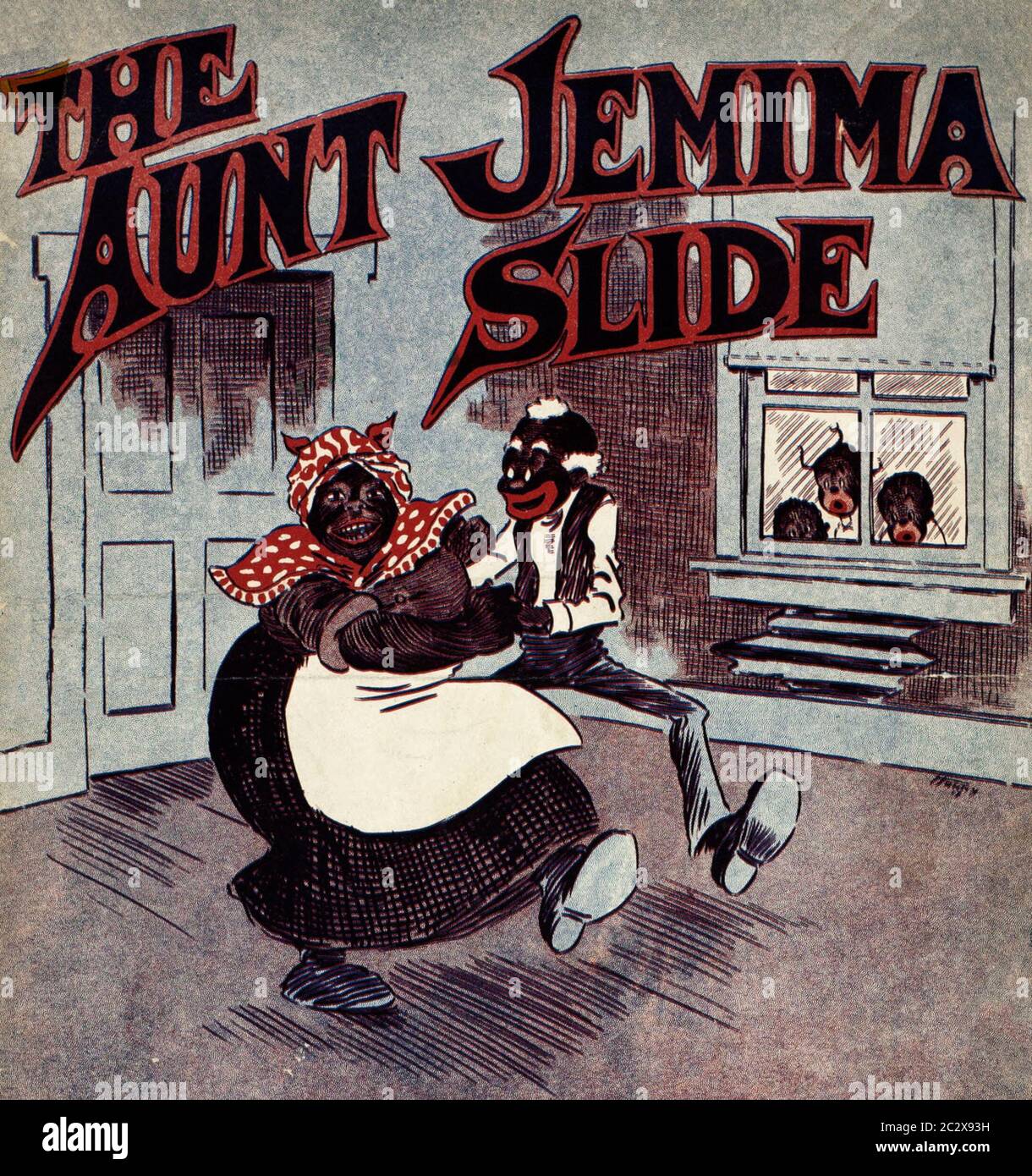 Lithographie, die Tante Jemima und einen Mann zeigt, der in einem Raum eines Hauses tanzt, während Kinder mit schockierten Ausdrücken durch ein Fenster hindurchschauen Stockfoto