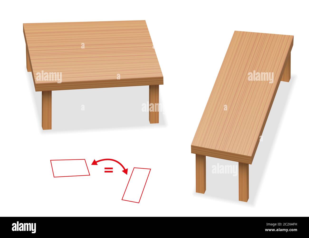 Optische Täuschung - zwei Tische mit genau der gleichen Größe der Tischplatte - relative Größe Wahrnehmung. Die beiden Holzflächen sind unterschiedlich. Stockfoto