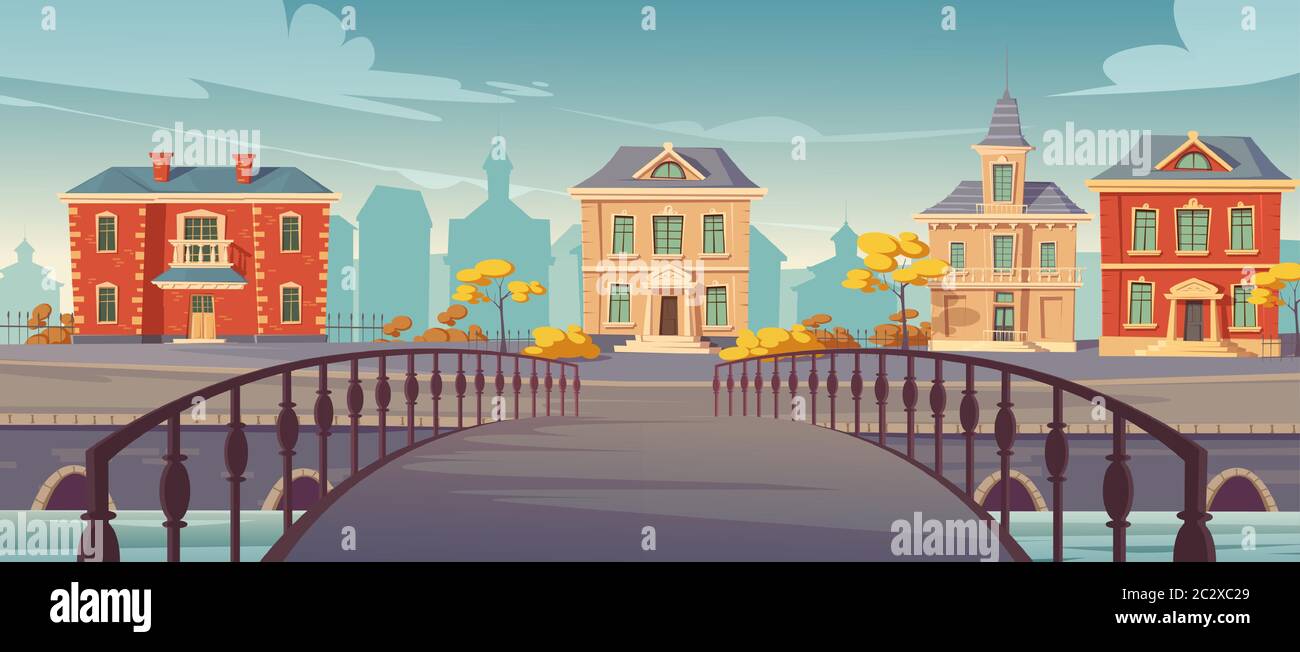 Stadtstraße mit Blick auf alte Gebäude von der Brücke. Vintage europäischen kolonialen viktorianischen Häusern an der Promenade. Stadtbild Retro-Architektur, 19. Jahrhundert t Stock Vektor