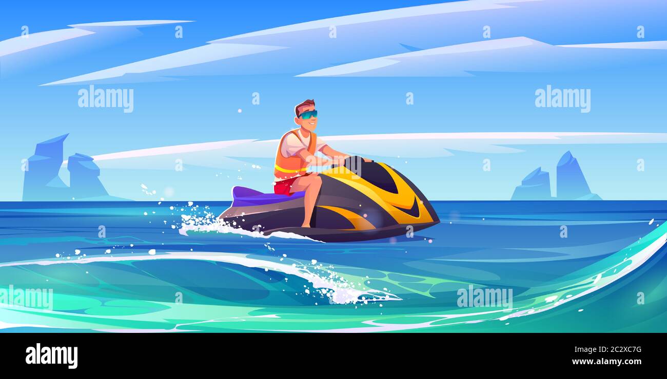Mann auf Jet-Ski im Meer. Junger Mann reitet Aquabike auf Meereswellen. Vektor-Cartoon-Illustration der Meereslandschaft mit Person in Sonnenbrillen auf Wasserroller Stock Vektor