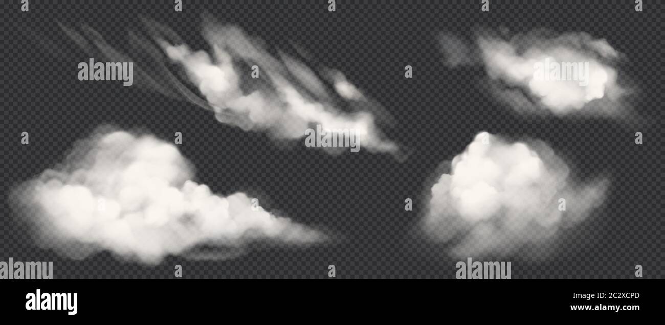 Weiße Wolken setzen, realistische 3d Vektor Rauch. Cirrus und Cumulus wolkiges Naturphänomen isoliert auf transparentem Hintergrund. Designelemente für Crea Stock Vektor