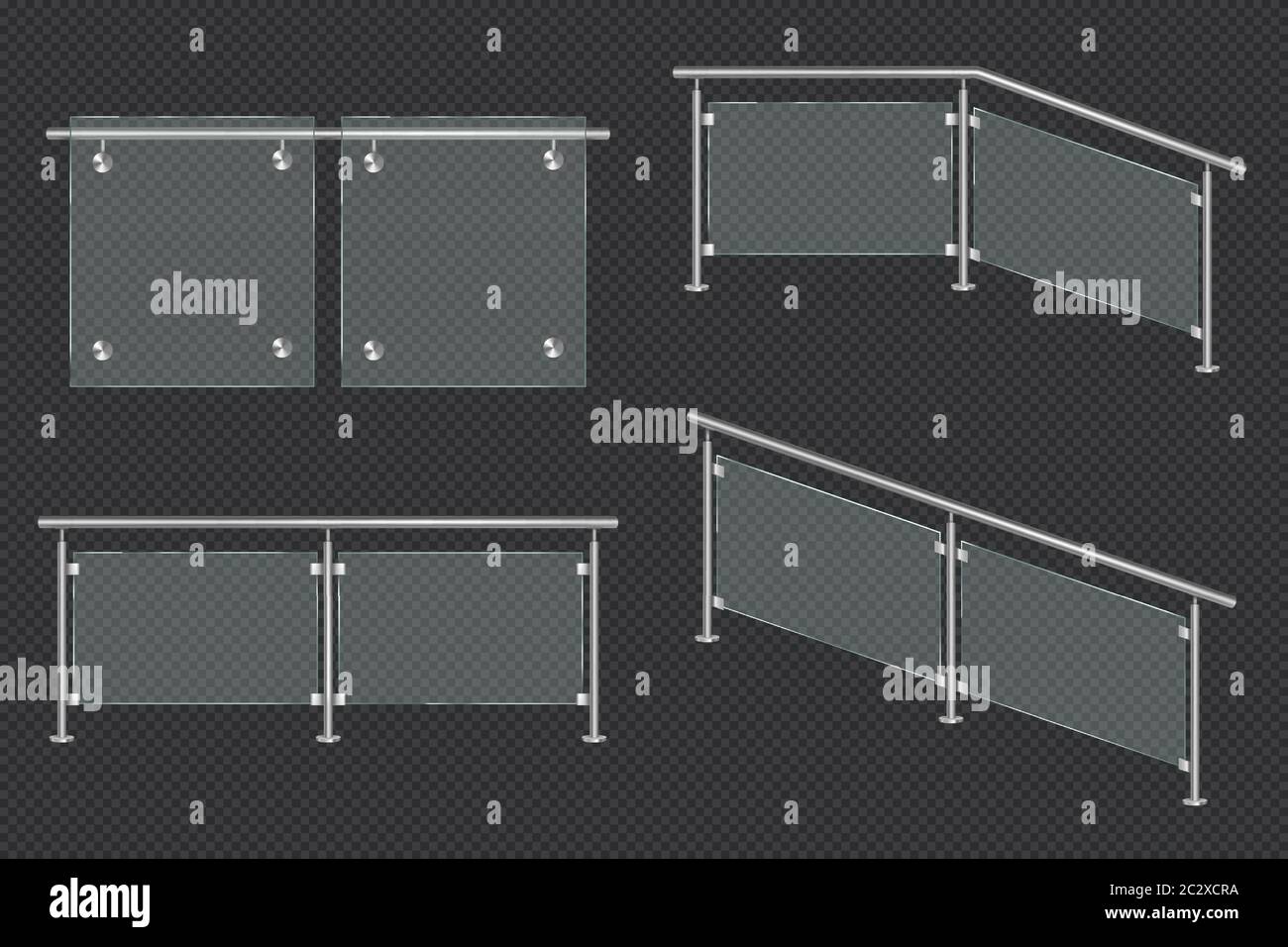 Glasgeländer mit Eisengeländer, Front- und Winkelansicht. Vektor realistische Mockup von verschiedenen Abschnitten von klarem Acryl Zaun mit Metallgeländer isol Stock Vektor