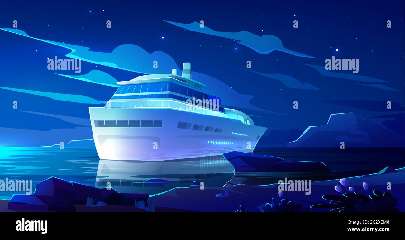 Kreuzfahrtschiff im Meer bei Nacht. Modernes Schiff, Luxus-Segelboot mit glühenden Bullaugen im Seehafen auf tropischem Land vertäut. Passagierschiff auf dunklem wa Stock Vektor
