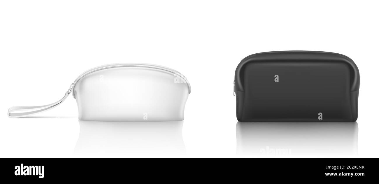 Weiße, schwarze Kosmetiktasche mit Reißverschluss für Make-up und Beauty-Tools. Vektor realistische Mockup von leerem Stoff Beutel mit Reißverschluss für Toilettenartikel, Seife und Körper Stock Vektor