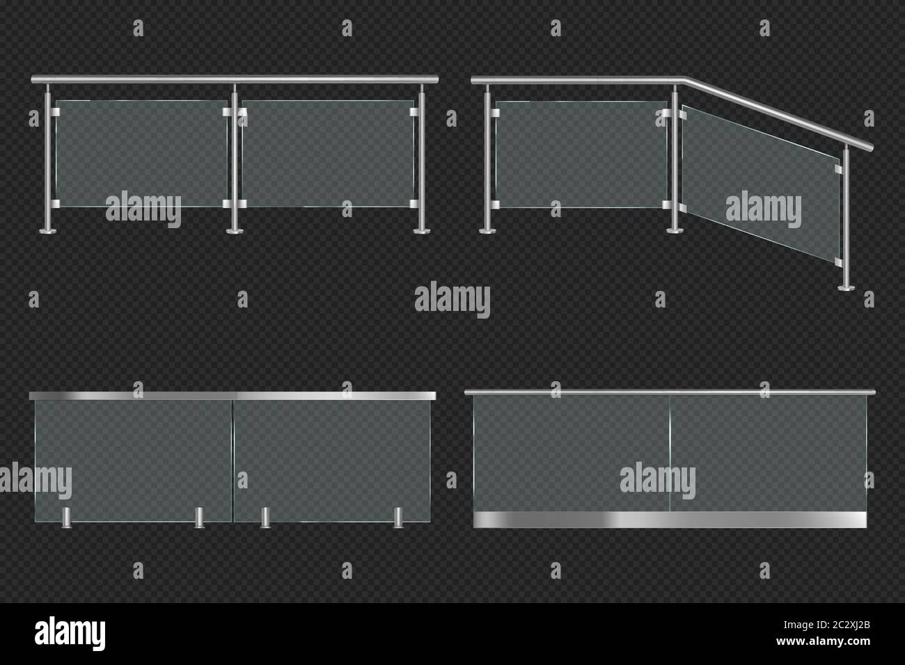 Glasgeländer mit Eisengeländer, Front- und Winkelansicht. Vektor realistische Mockup von verschiedenen Abschnitten von klarem Acryl Zaun mit Metallgeländer isol Stock Vektor