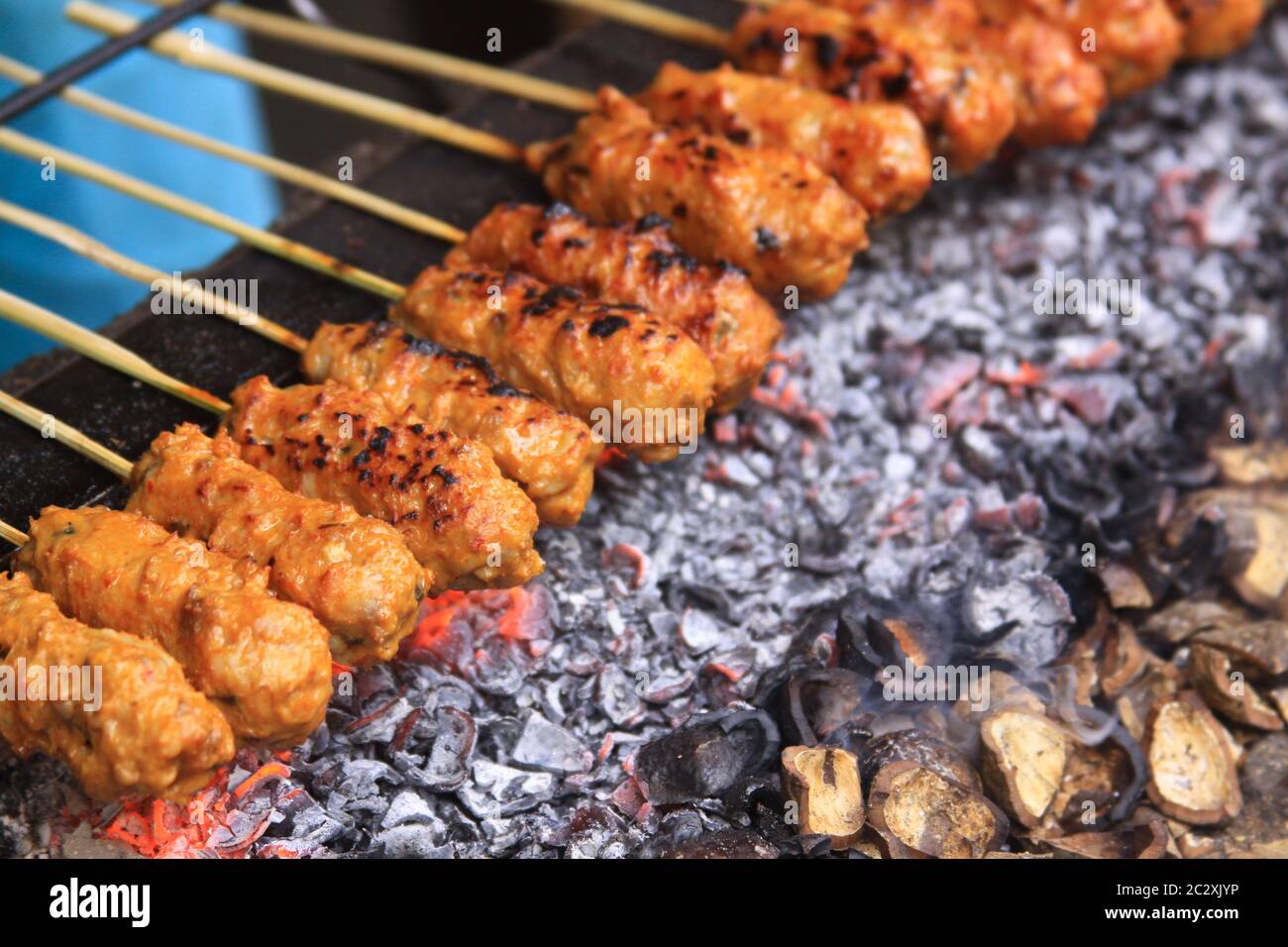 Frische, zum Grillen fertige Sate Sticks in Lombok, Indonesisch. Ziege, Huhn, Schweinefleisch und Fisch Fleisch auf einem Stock auf einem Teller mit Marinade bereit für gri stecken Stockfoto