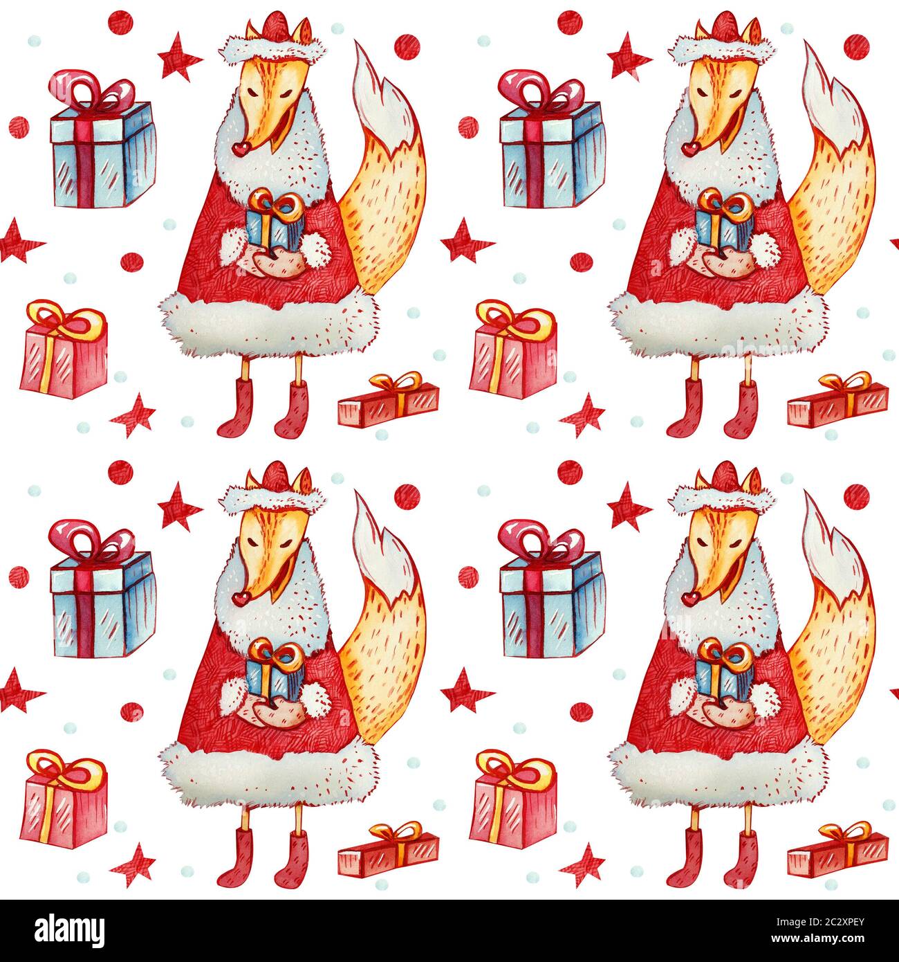 Nahtlose Muster mit Fox und Geschenke. Aquarell Ornament mit Wald Zeichen in Rot und Blau auf weißem Hintergrund. Weihnachten Konzept für Wr Stockfoto