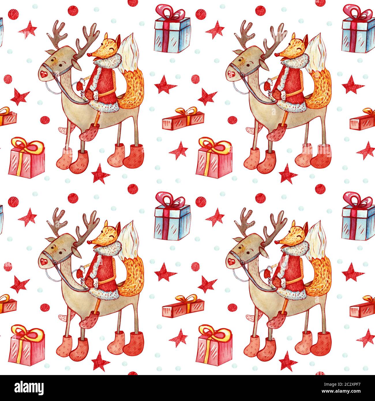 Weihnachten nahtlose Hintergrund mit Fox. Festliche Charakter, ein Reh mit Geschenkboxen mit Sternen und Schneeflocken auf einem weißen Hintergrund. Stockfoto
