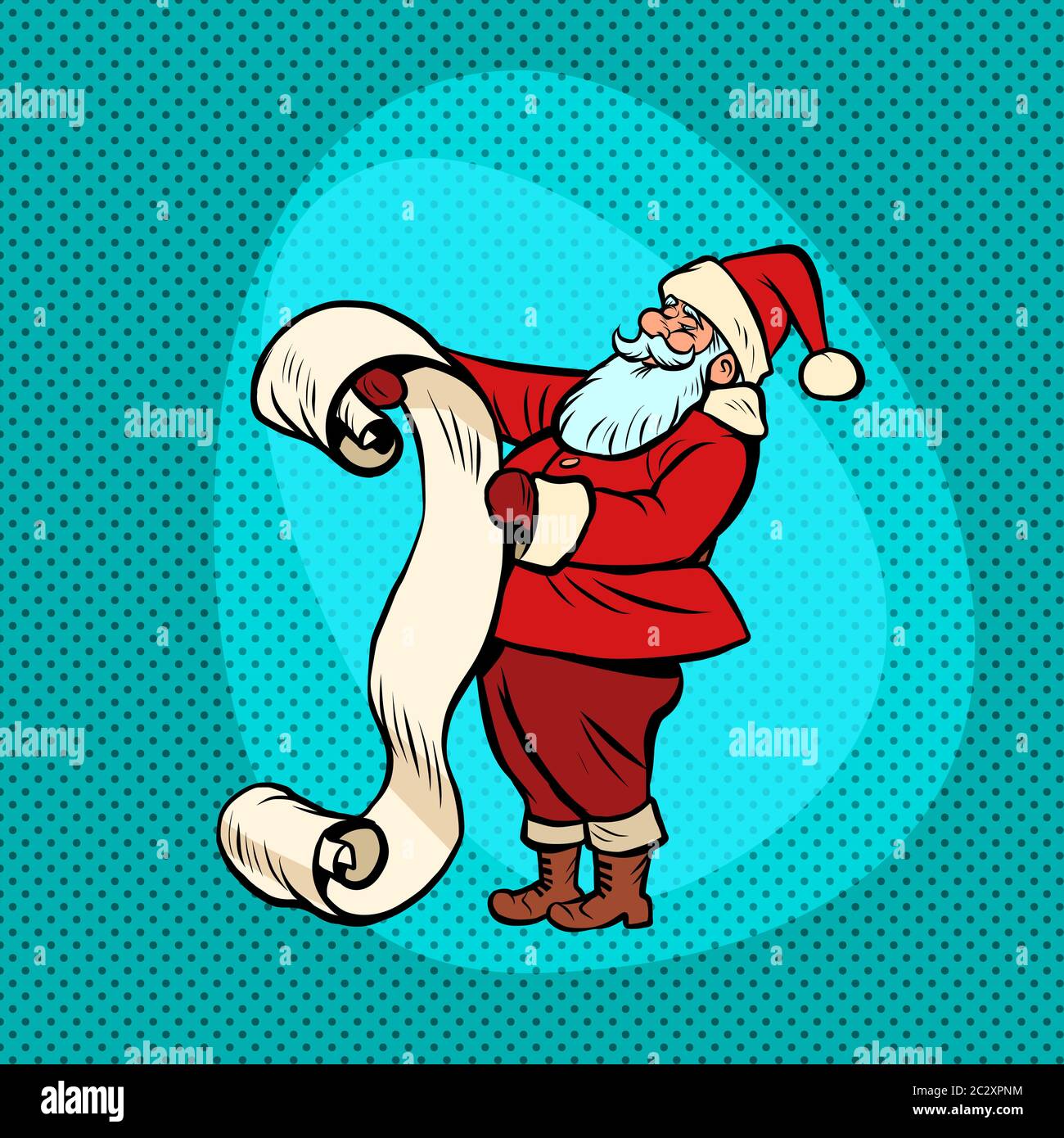 Santa Claus mit Liste. Weihnachten und neues Jahr. Comic cartoon Pop Art retro Vektor Zeichnung Abbildung Stockfoto