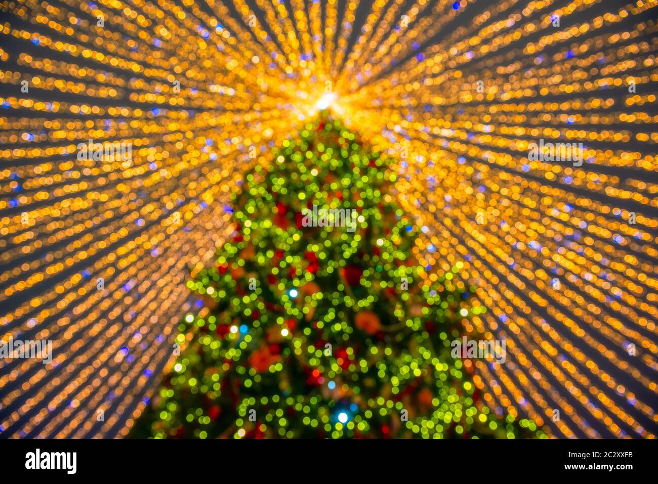 Defokussierten Weihnachtsbaum-Silhouette mit unscharfen Lichter Stockfoto