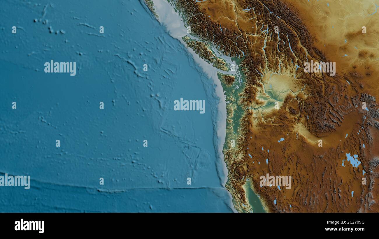 Reliefkarte des Gebiets um die Tektonikplatte Juan De Fuca. 3D-Rendering Stockfoto