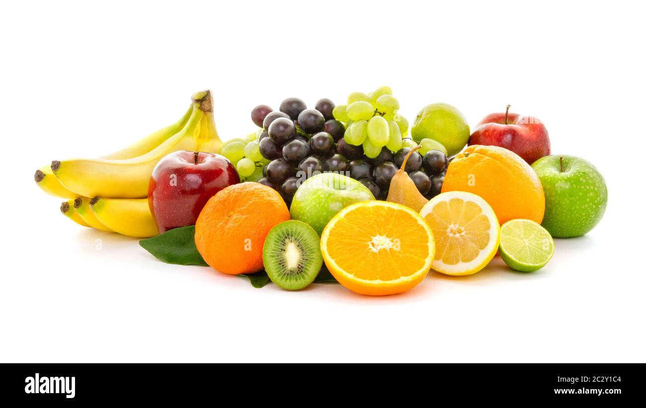 Ein Haufen von vielen verschiedenen tropischen Früchten. Gesunde Lebensmittel und Ernährung, vegane Lebensweise und Bio fair trade Konzept. Stockfoto