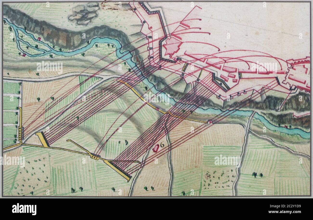 Eine Illlustration des Plans von Badajoz und seiner Angriffe von Jacques Pennier, 1705. Militärarchiv Wien Stockfoto