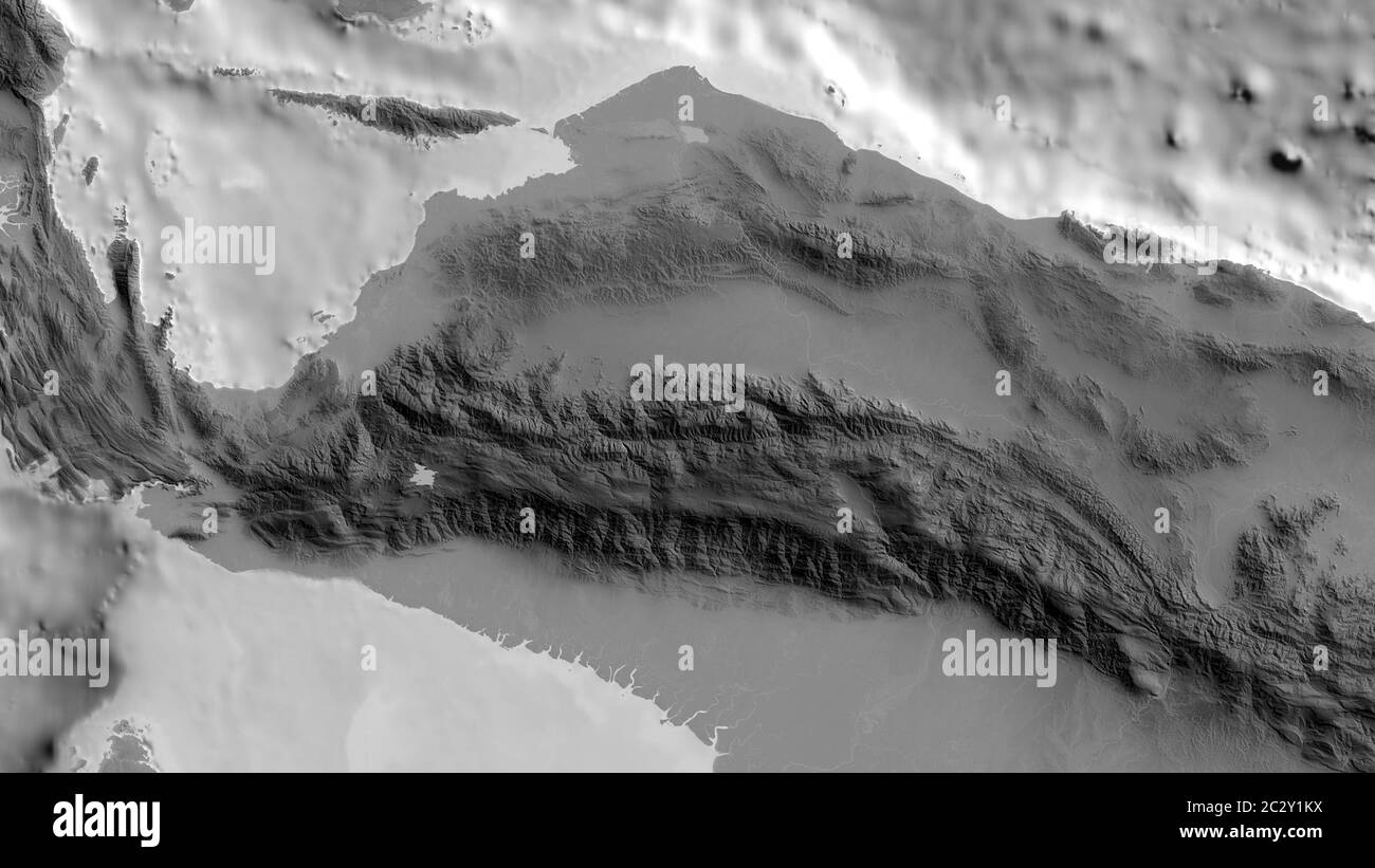 Graustufenkarte des Gebietes um die Maoke Tektonik. 3D-Rendering Stockfoto