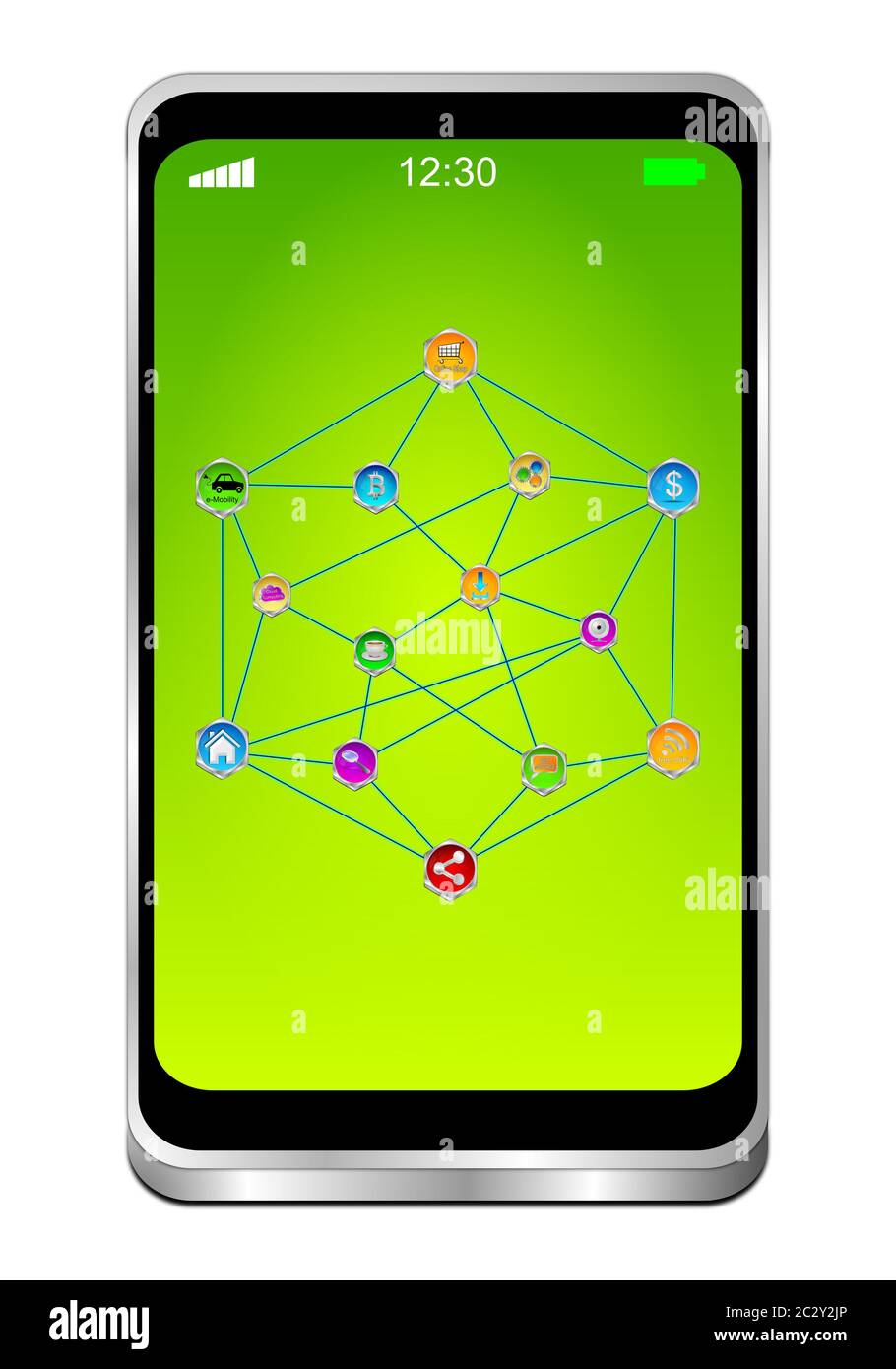 Smartphone mit Internet of Things auf grünem Display - 3D-Illustration Stockfoto