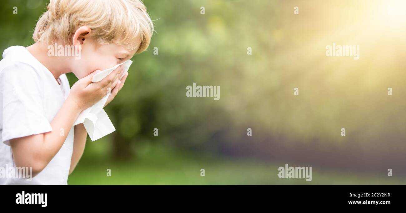 Kind mit Allergie in der Natur beim Niesen zu einem Taschentuch Stockfoto