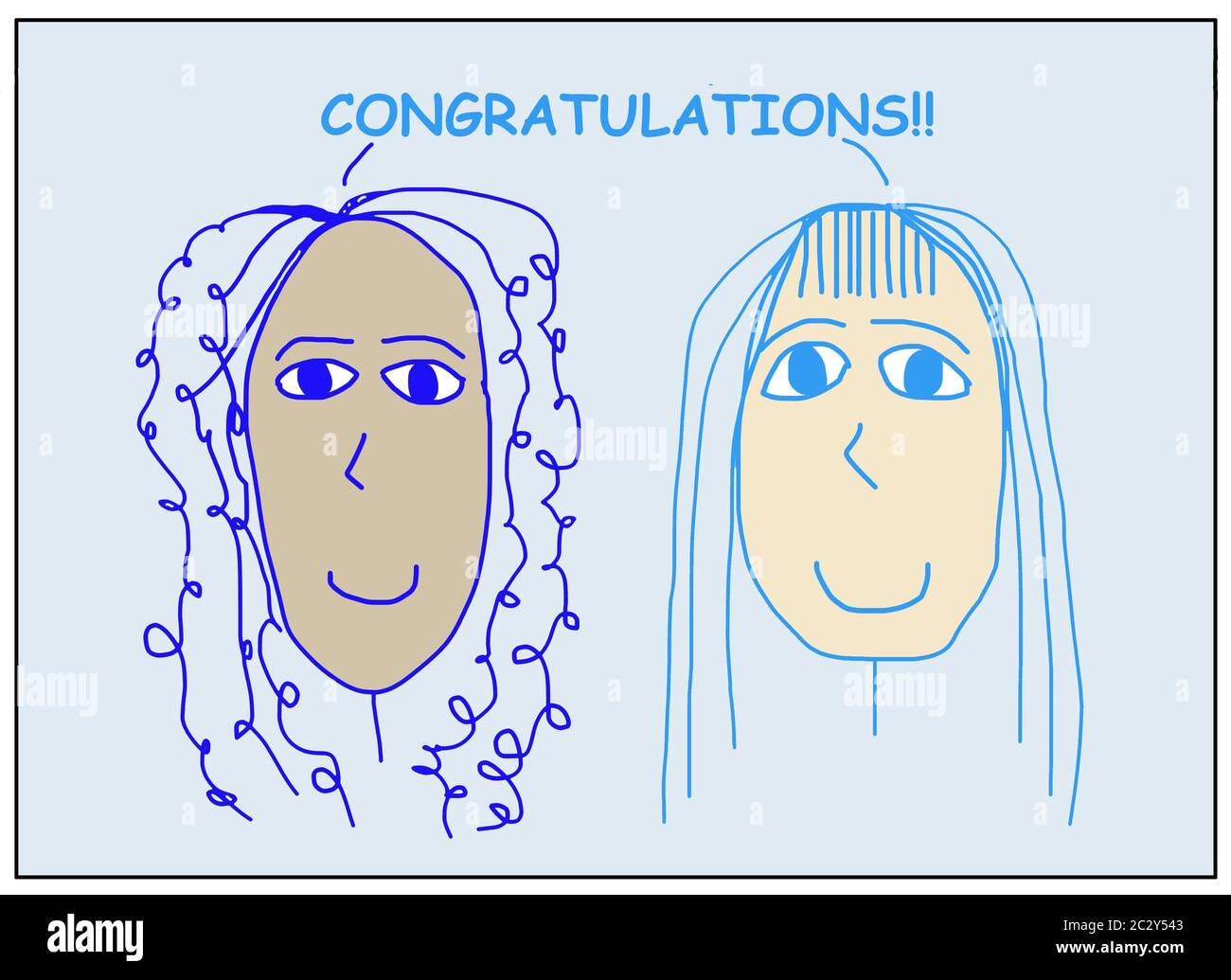 Farbe Cartoon von zwei lächelnden, schönen und ethnisch verschiedenen Frauen Ausrufen von Glückwünschen! Stockfoto